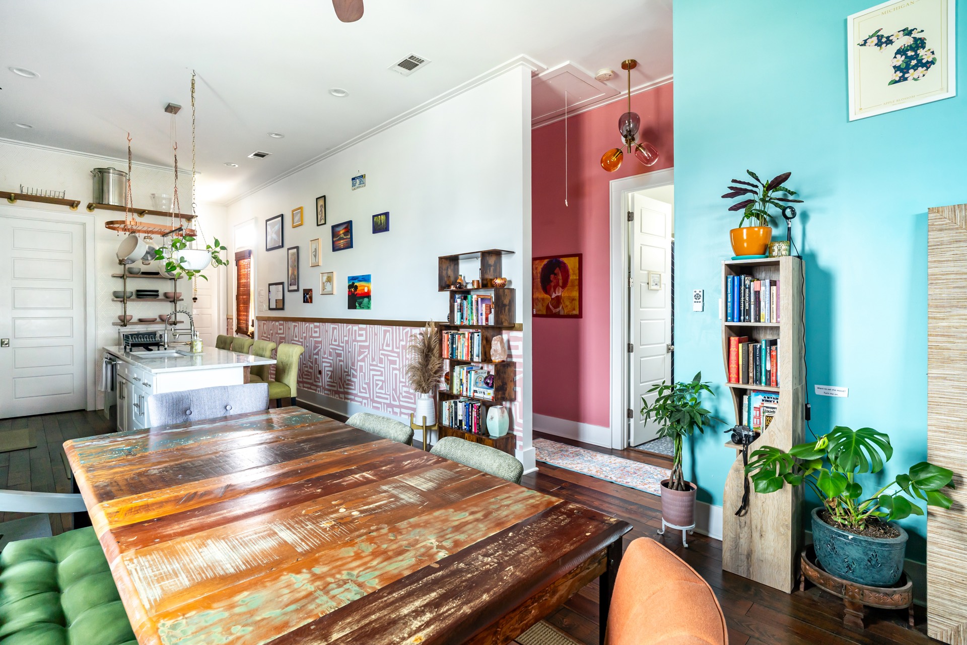 Dining area with views of the colorful interior
